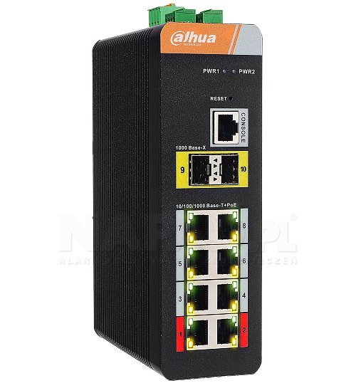 Switch przemysłowy, gigabitowy PoE 8-port + 2 SFP Dahua IS4210-8GT-120 Industrial Series