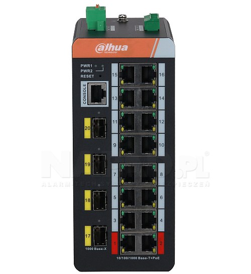 Switch przemysłowy, gigabitowy PoE 16-port + 4 SFP Dahua IS4420-16GT-240 Industrial Series