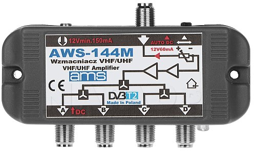 AWS144M - Wzmacniacz VHF/UHF z zasilaczem (wewnętrzny) do indywidualnych instalacji antenowych