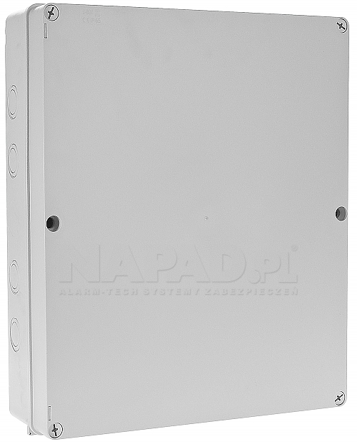 Uniwersalna puszka natynkowa S-BOX816. Na naklejce napisano Pawbol S-BOX 816 puszka instalacyjna IP65 CE. Obudowa plastikowa koloru szarego. W katalogu jest pod tytułem: Puszki instalacyjne serii S-BOX, bezhalogenowe. Główny obraz bez znaku NAPAD.PL