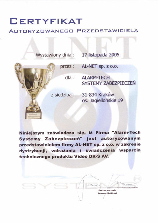 Autoryzowany Dystrybutor Alnet - certyfikat