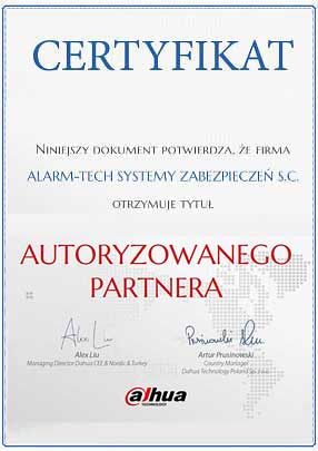 Autoryzowany Dystrybutor Dahua - certyfikat