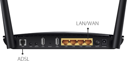 TP-LINK Archer D5 - Porty LAN/WAN i ADSL.