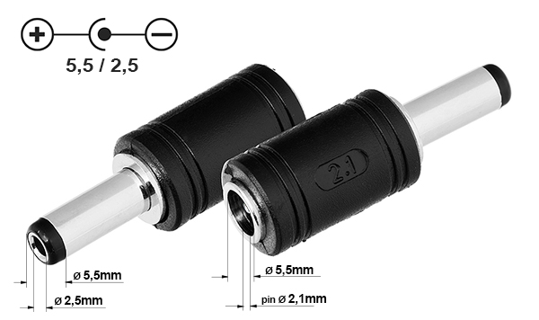 Adapter DC gniazdo 5.5/2.1mm - wtyk 5.5/2.5mm.