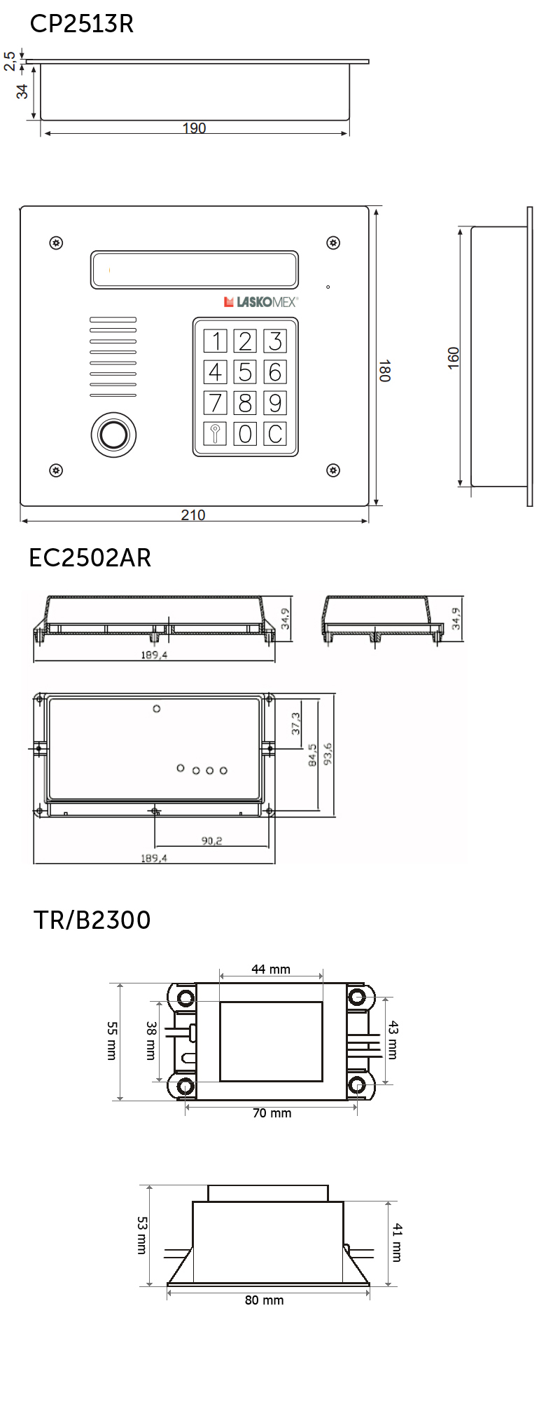 CD2513R - Wymiary panelu, elektroniki, zasilacza.