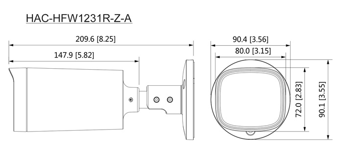 Wymiary kamery 4w1 Dahua podane w milimetrach i calach.