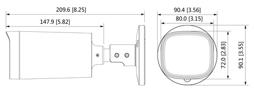 Wymiary kamery 4w1 Dahua podane w milimetrach i calach.