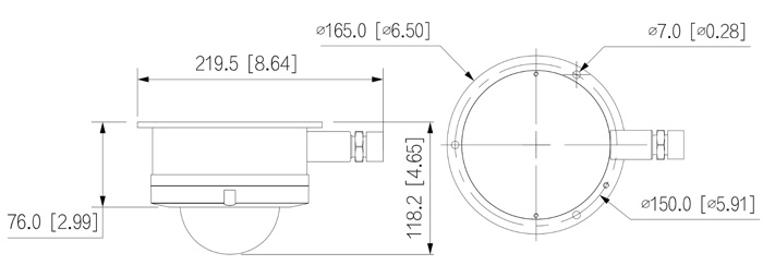 Wymiary kamery IP AI Dahua w obudowie antywybuchowej (mm [cale]).