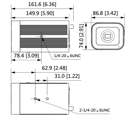 Wymiary kamery IP box Dahua podane w milimetrach i calach.
