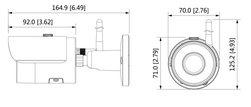Wymiary kamery IP Dahua podane w milimetrach i calach.