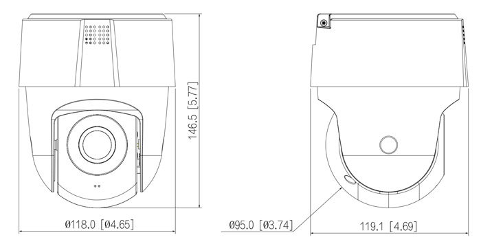 Wymiary kamery IP Dahua podane w milimetrach i calach.