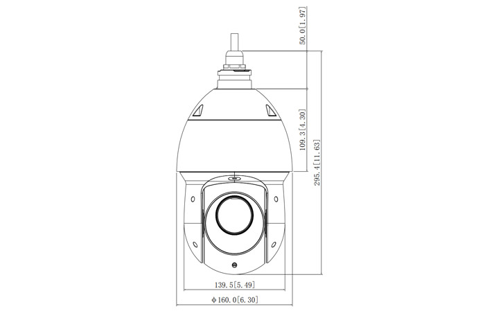 Wymiary kamery PTZ IP Dahua podane w milimetrach i calach.