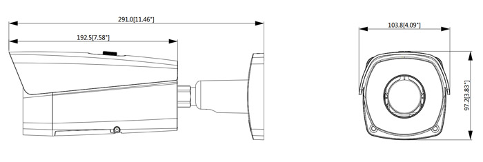 Wymiary kamery IP Termowizja Dahua podane w milimetrach i calach.