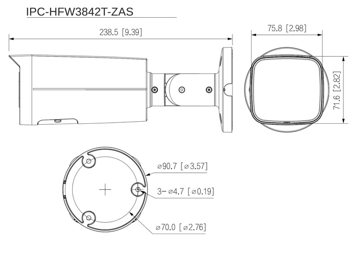 Wymiary kamery IP Dahua WizSense podane w milimetrach i calach.