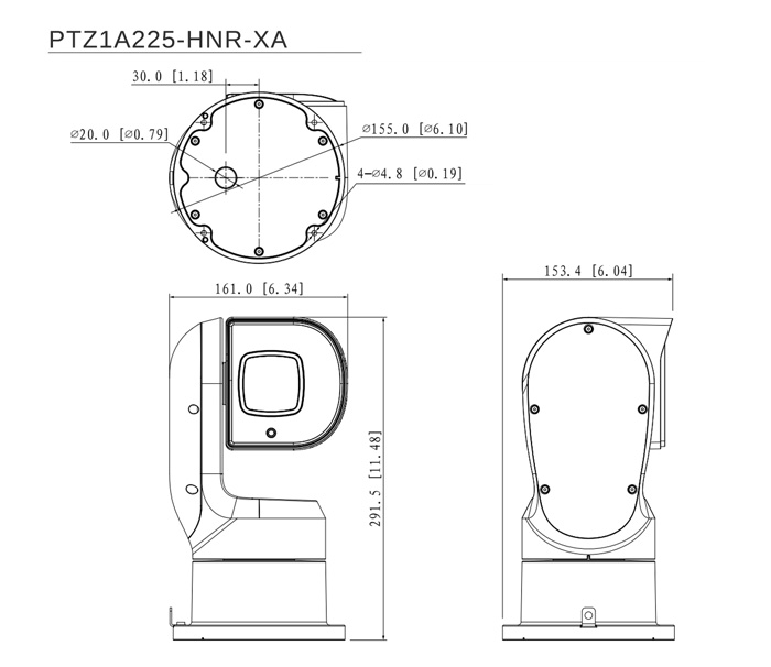 Wymiary obrotnicy PTZ Dahua WizSense podane w milimetrach i calach.