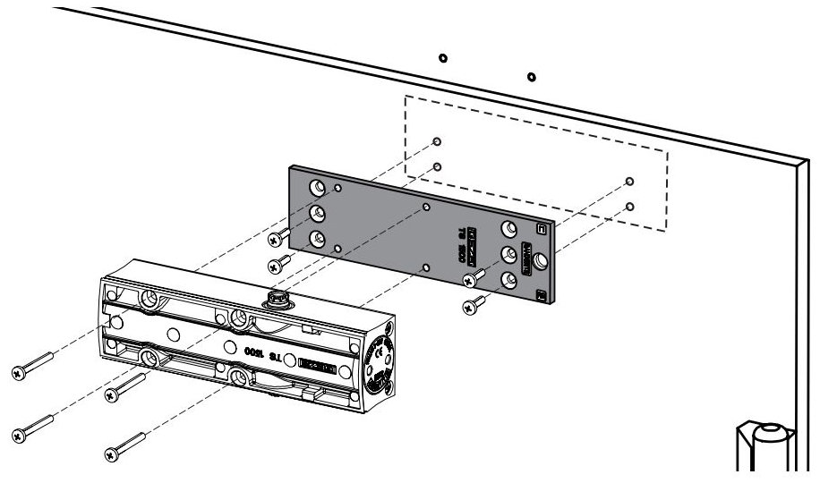 Mocowanie korpusu samozamykacza GEZE TS 1500 za pomocą płyty montażowej.