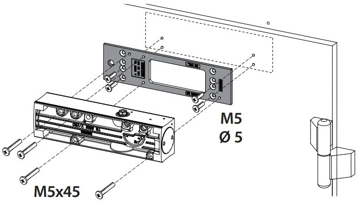 Mocowanie korpusu samozamykacza GEZE TS 3000 za pomocą płyty montażowej.