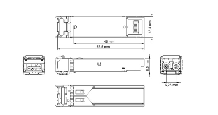 Wymiary modułu SFP IPOX PX-MM850-550M-1G.