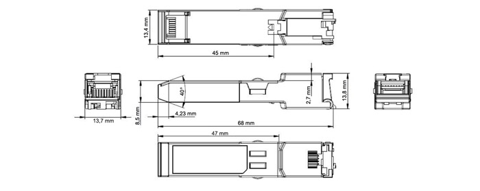 Wymiary modułu SFP IPOX PX-SFP-RJ45-1G.
