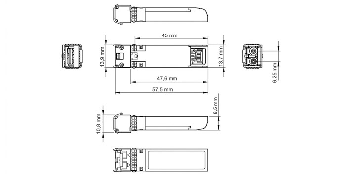 Wymiary modułu SFP+ IPOX PX-SM1310-10K-10G.