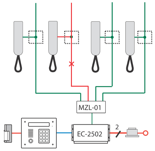 MZL-01 - Schemat podłączenia do linii z modułem.