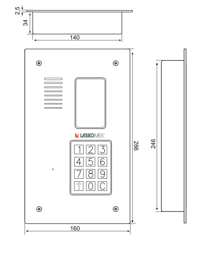 CP3123R - Wymiary panelu do domofonu.