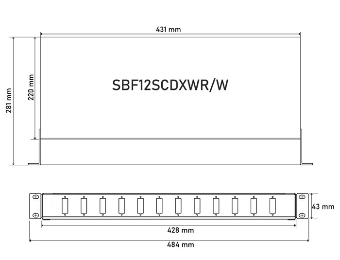 Wymiary przełącznicy światłowodowej Rack Systems SBF12SCDXWR/W (mm).
