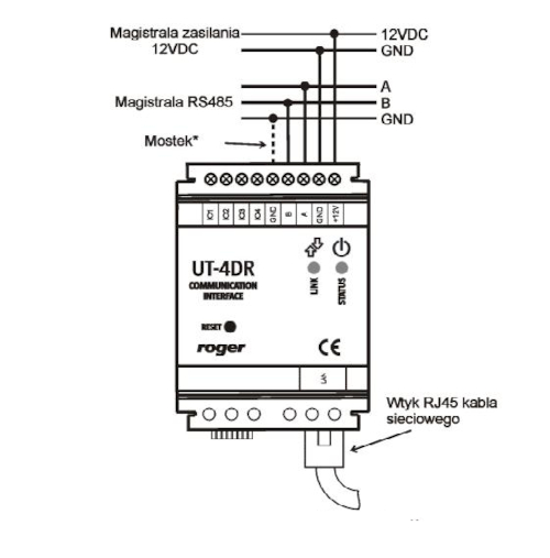 Podłączenia modułu UT-4DR w systemie RACS.