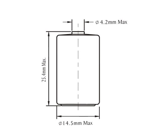 Wymiary baterii litowej 1/2AA podane w milimetrach.