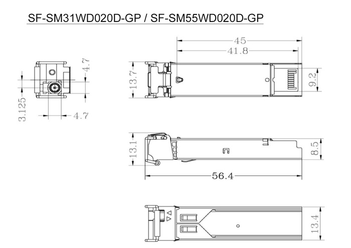 Wymiary modułu SFP w milimetrach.
