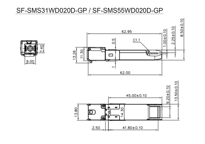 Wymiary modułu SFP w milimetrach.