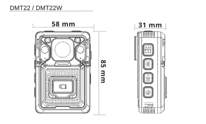 Wymiary kamery nasobnej DMT22 podane w milimetrach.