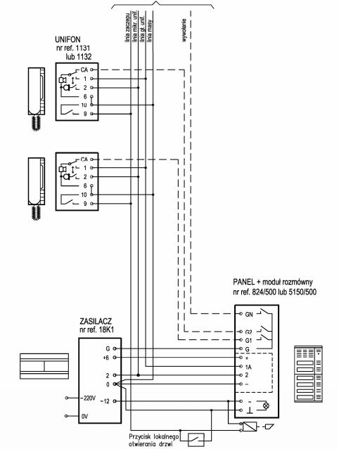 Przykładowy schemat instalacji z zastosowanym zasilaczem 18k1.