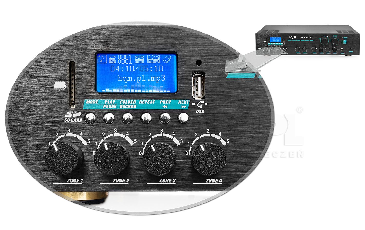 Wbudowany odtwarzacz MP3 z wyświetlaczem LCD w wzmacniaczu HQMS2120BC.